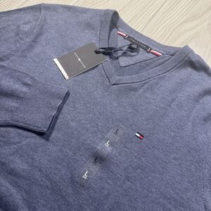 Tommy Hilfiger V Neck Sweater Men’s L Blue Knit Logo NWT